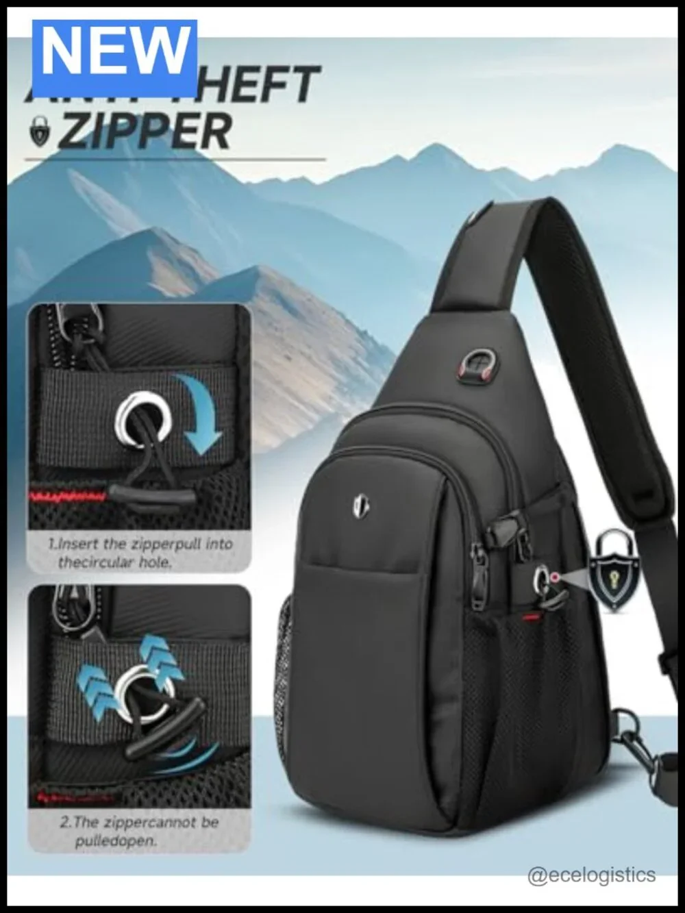 Expandable Anti Theft Crossbody Sling Bag with Water Bottle Pocket, Hiking